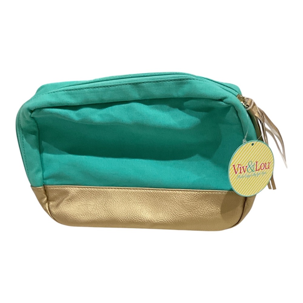 Viv & Lou Teal Canvas Gold Metallic Base Tassel Zipper Cosmetic Makeup Bag NWT
